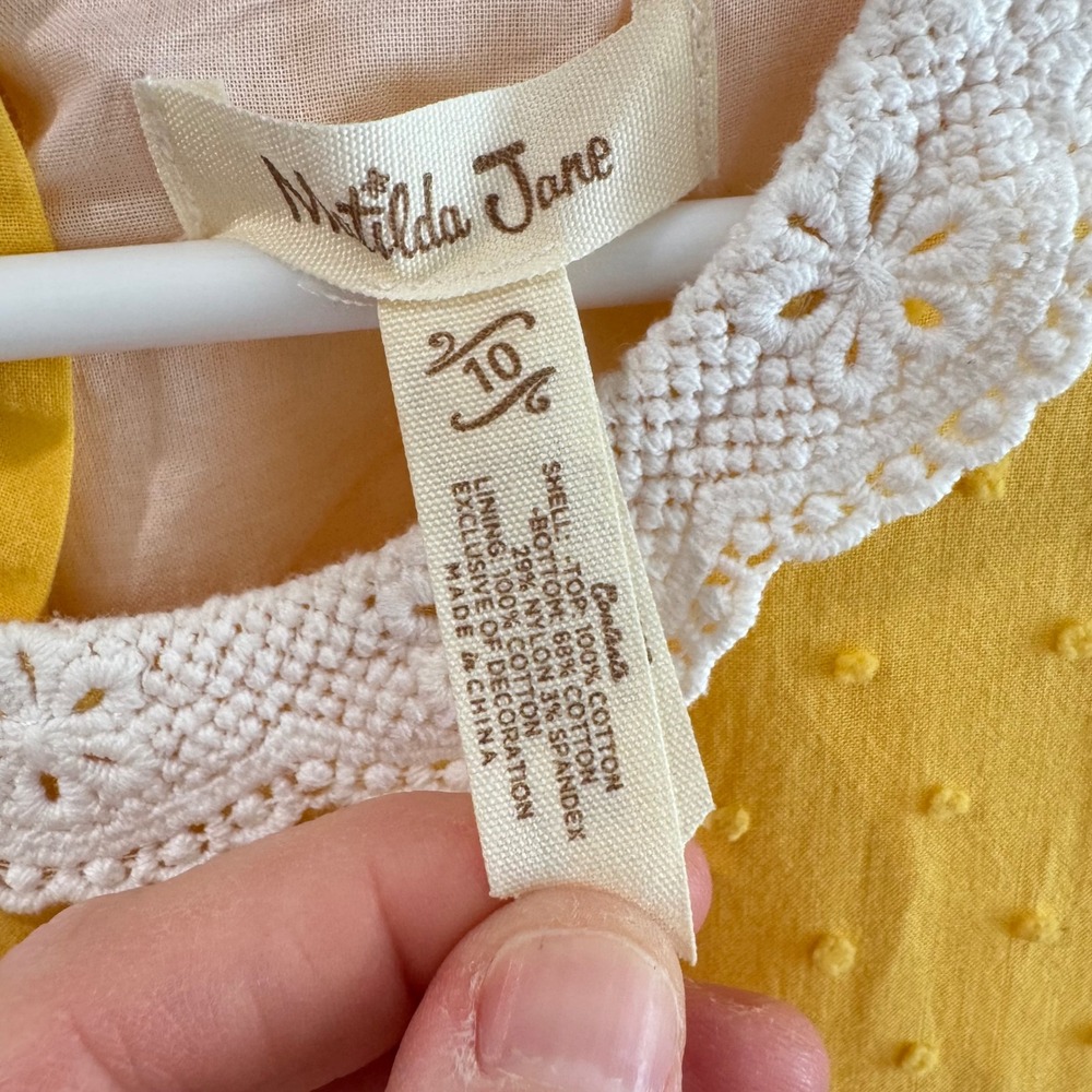 Matilda Jane Girls Yellow Swiss Dot Floral Lace Collar Dress Size 10 - Picture 4 of 7